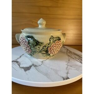 Pottery Hand Painted Sugar Bowl With Lead Pink Floral Signed